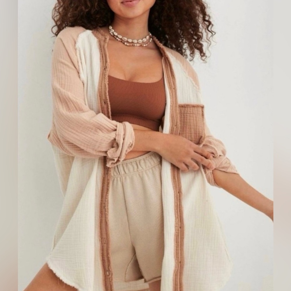Aerie Pool To Party Gauzy Oversized Cappuccino Button Up Coverup Shirt M